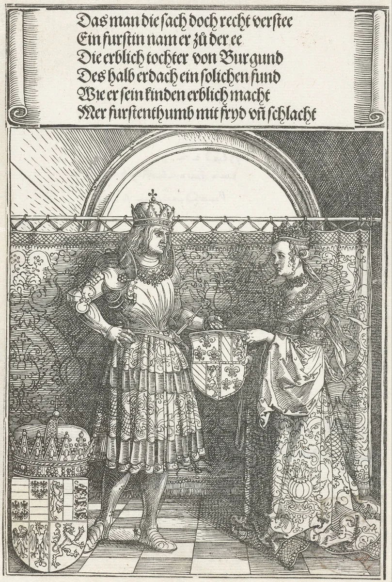 Het Bourgondische huwelijk: Maximiliaan trouwt met Maria van Bourgondië by Albrecht Dürer, print, 1515
