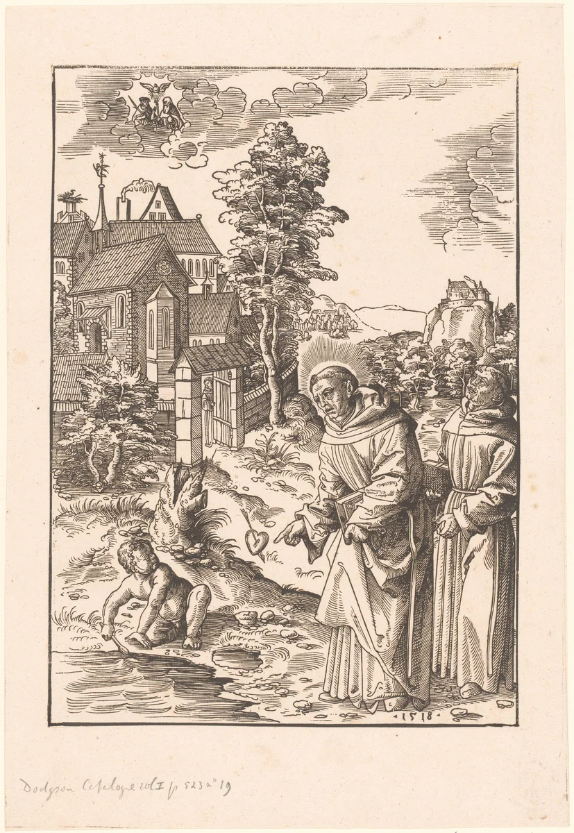 Heilige Augustinus met een kind die zeewater in gat in het zand lepelt by anonymous, print, 1518