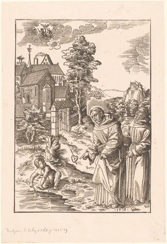 Heilige Augustinus met een kind die zeewater in gat in het zand lepelt by anonymous, print, 1518