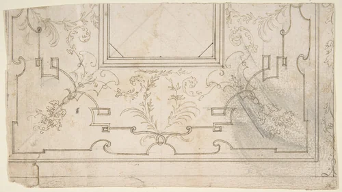 One Half Design for a Ceiling with Floral and Strapwork Motifs (recto); Slight Scribbles (verso) by Donato Giuseppe Frisoni, drawing, 1709-1730