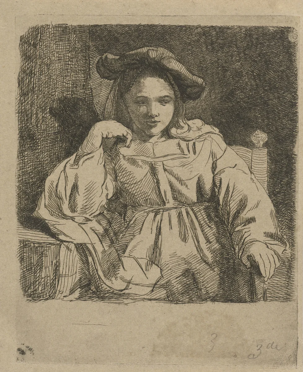 Zittend meisje by David van der Kellen, print, 1814-1859