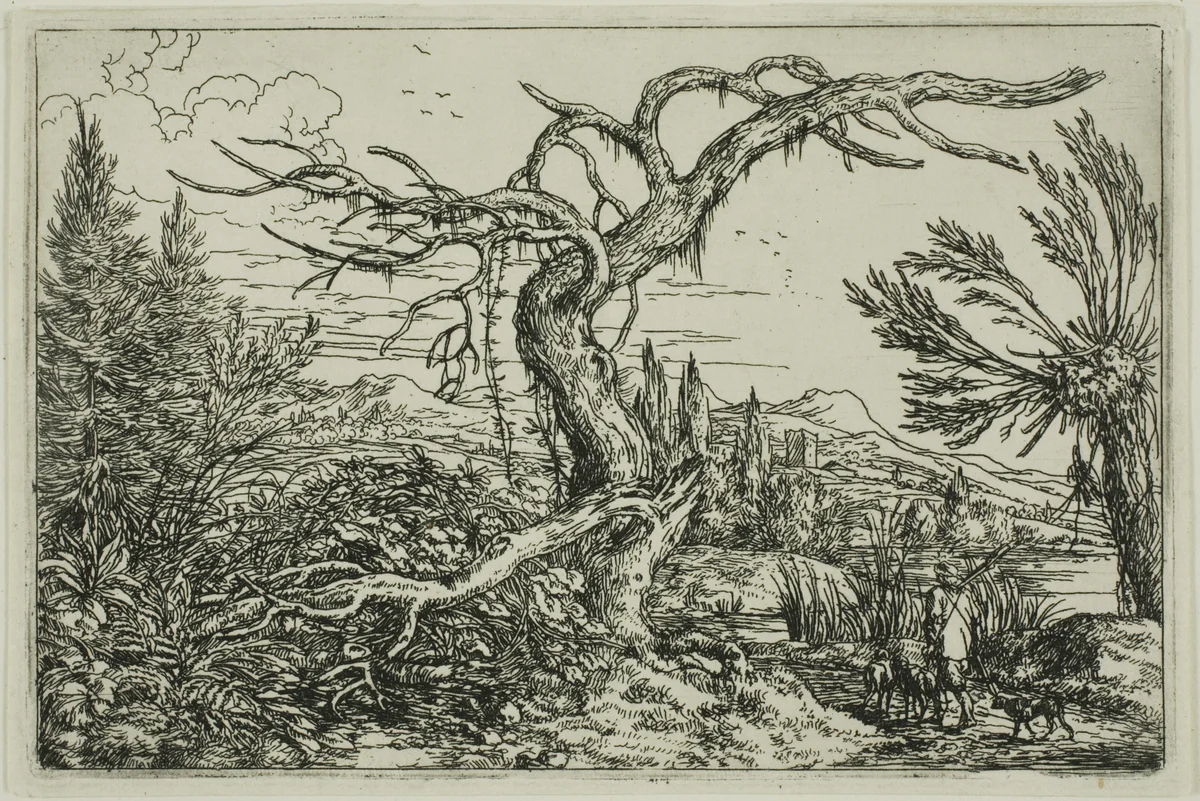Landscape with Hunter and Three Dogs by Jonas Umbach, print, 1644-1693
