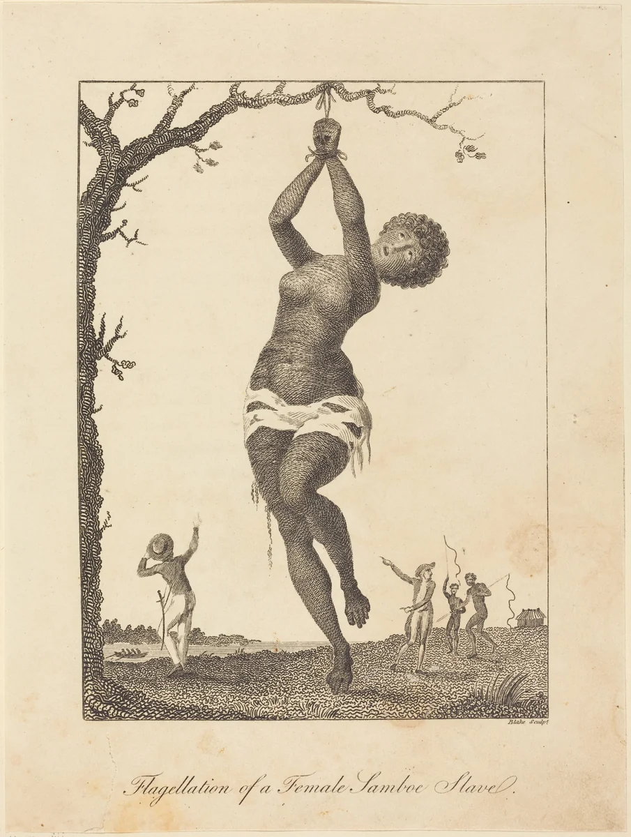 Flagellation of a Female Samboe Slave by William Blake; John Gabriel Stedman, print, 1793