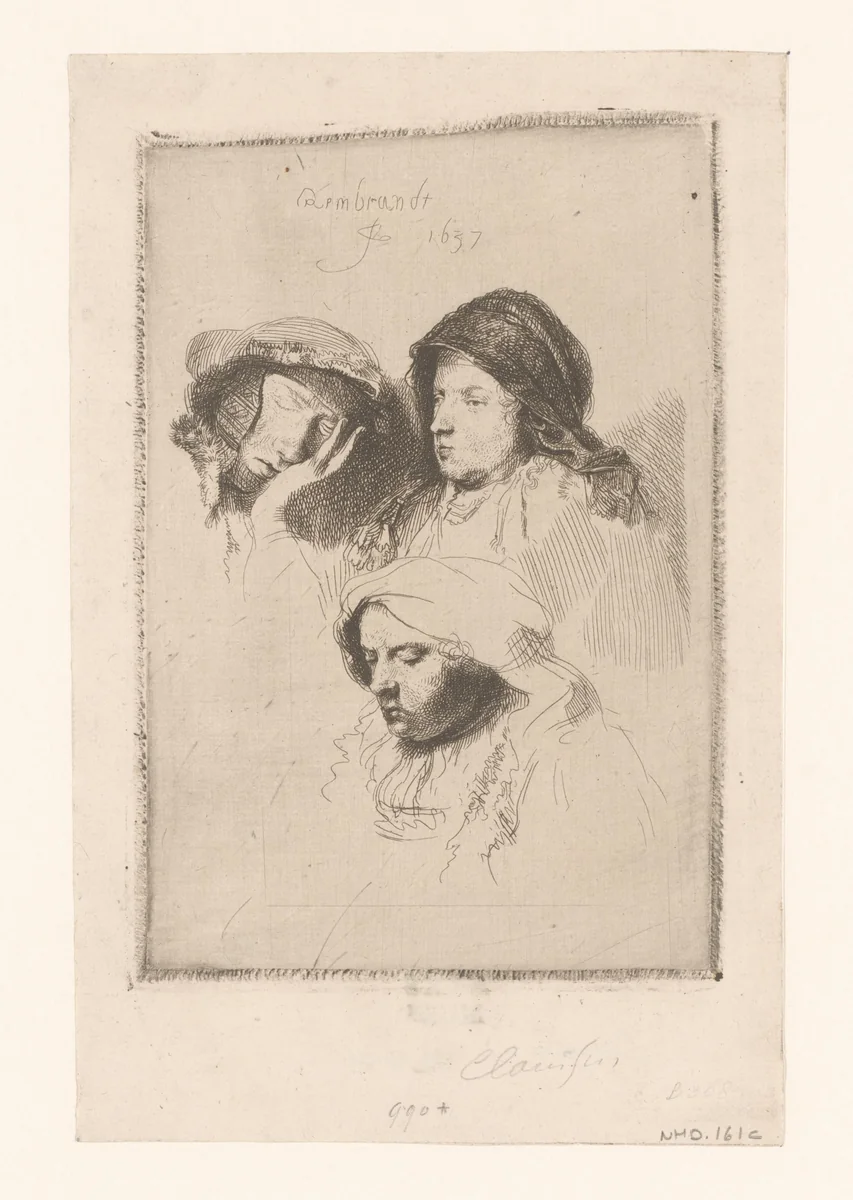 Three heads of women: one asleep by Ignace-Joseph de Claussin, print, 1805-1844