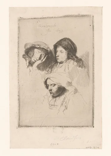 Three heads of women: one asleep by Ignace-Joseph de Claussin, print, 1805-1844
