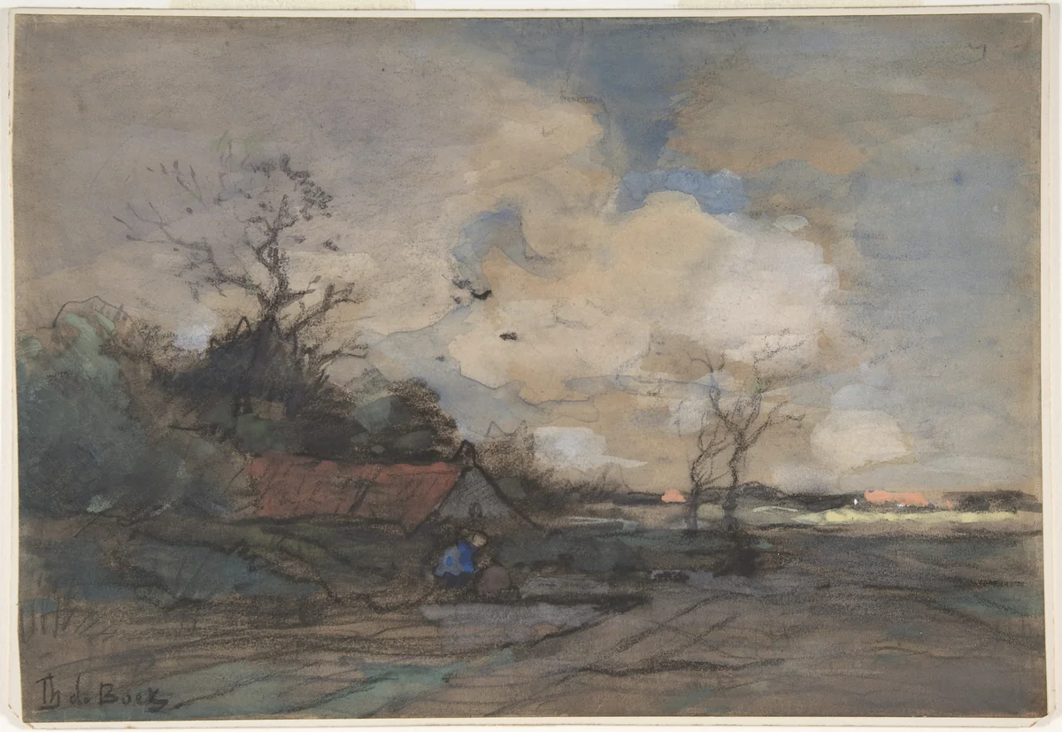 Landscape with a Cottage by Théophile de Bock, drawing, 1865-1904