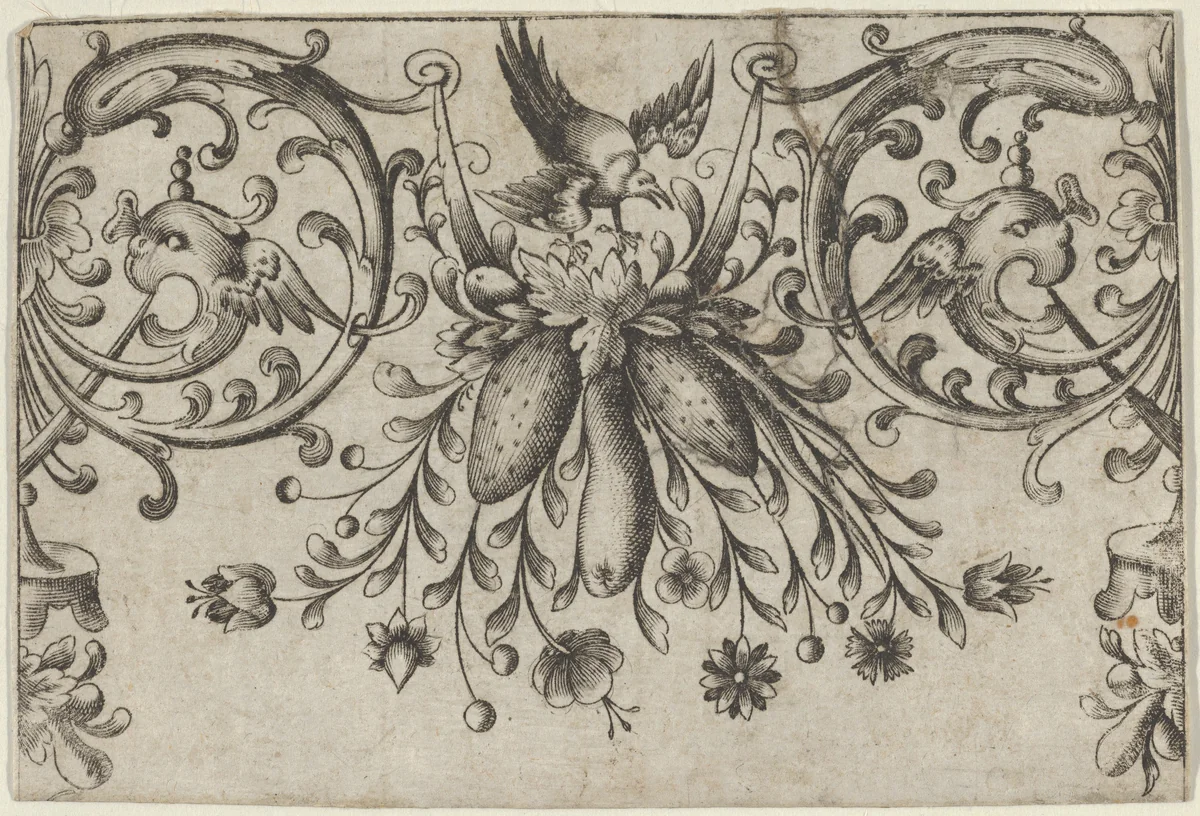 Design for Silverwork with Garlands, Birds, and Grotesque Motifs by Hieronymus Bang, print, 1568-1633