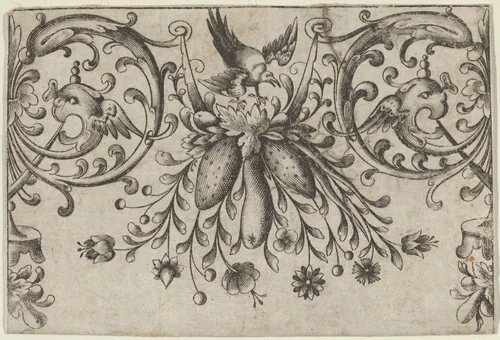 Design for Silverwork with Garlands, Birds, and Grotesque Motifs by Hieronymus Bang, print, 1568-1633