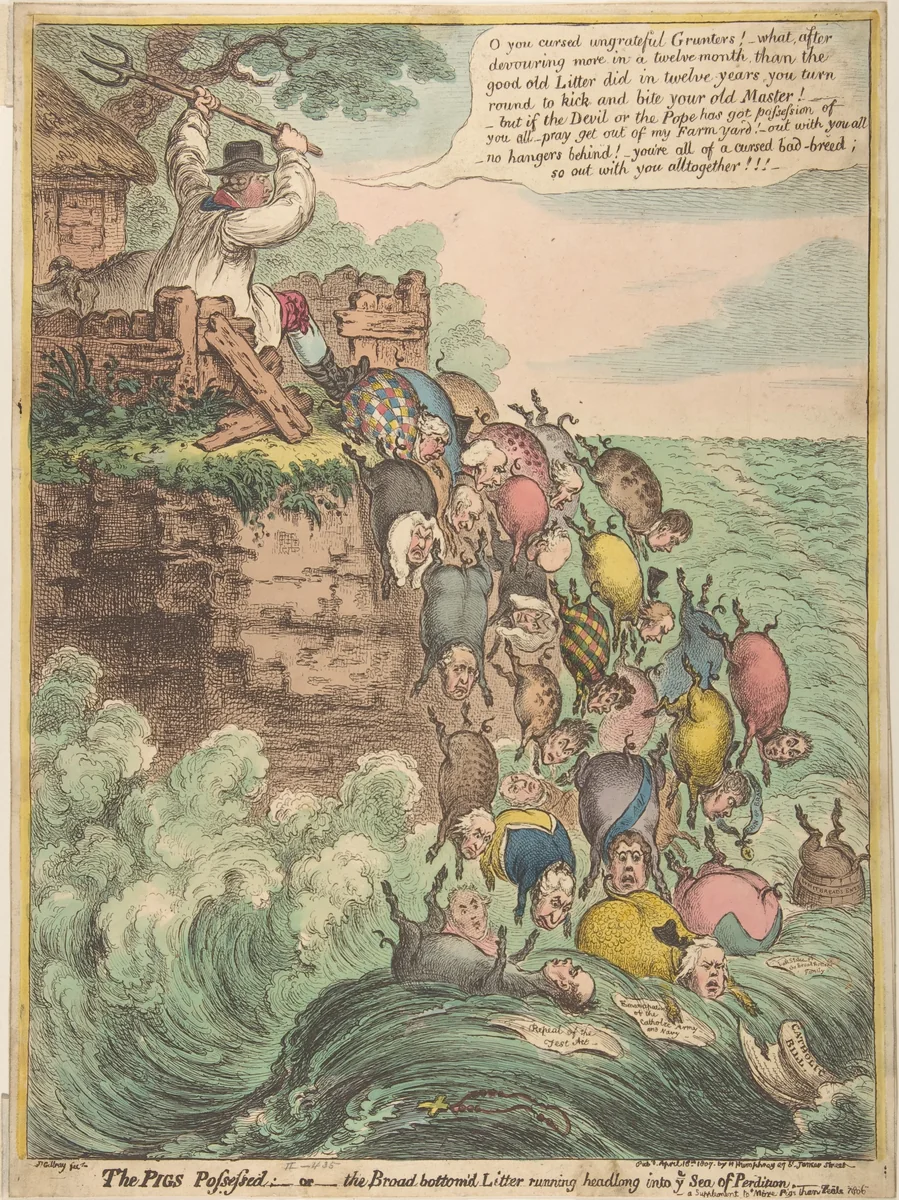 The Pigs Possessed:–or–the Broad Bottom'd Litter Running Headlong into Ye Sea of Perdition by James Gillray, print, 1807
