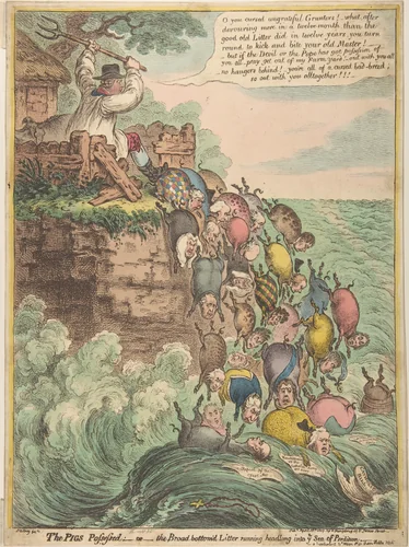 The Pigs Possessed:–or–the Broad Bottom'd Litter Running Headlong into Ye Sea of Perdition by James Gillray, print, 1807