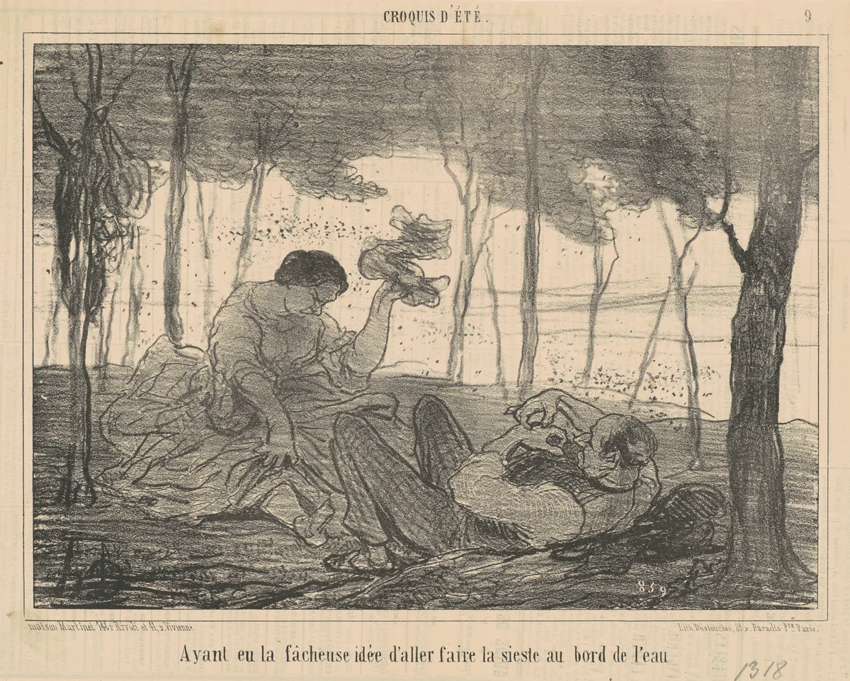 Ayant eu la facheuse idée d'aller ... au bord de l'eau by Honoré Daumier, print, 1856