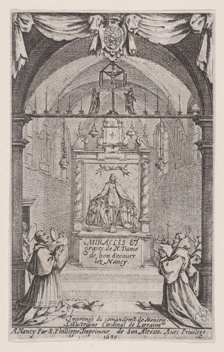 Frontispiece, from "Des Miracles et Graces de Notre-Dame de Bon-Secours-Les-Nancy" (Miracles and Graces of Notre-Dame-de-Bon-Secours, Nancy) by Jacques Callot, print, 1630