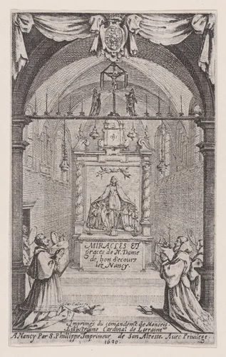 Frontispiece, from "Des Miracles et Graces de Notre-Dame de Bon-Secours-Les-Nancy" (Miracles and Graces of Notre-Dame-de-Bon-Secours, Nancy) by Jacques Callot, print, 1630