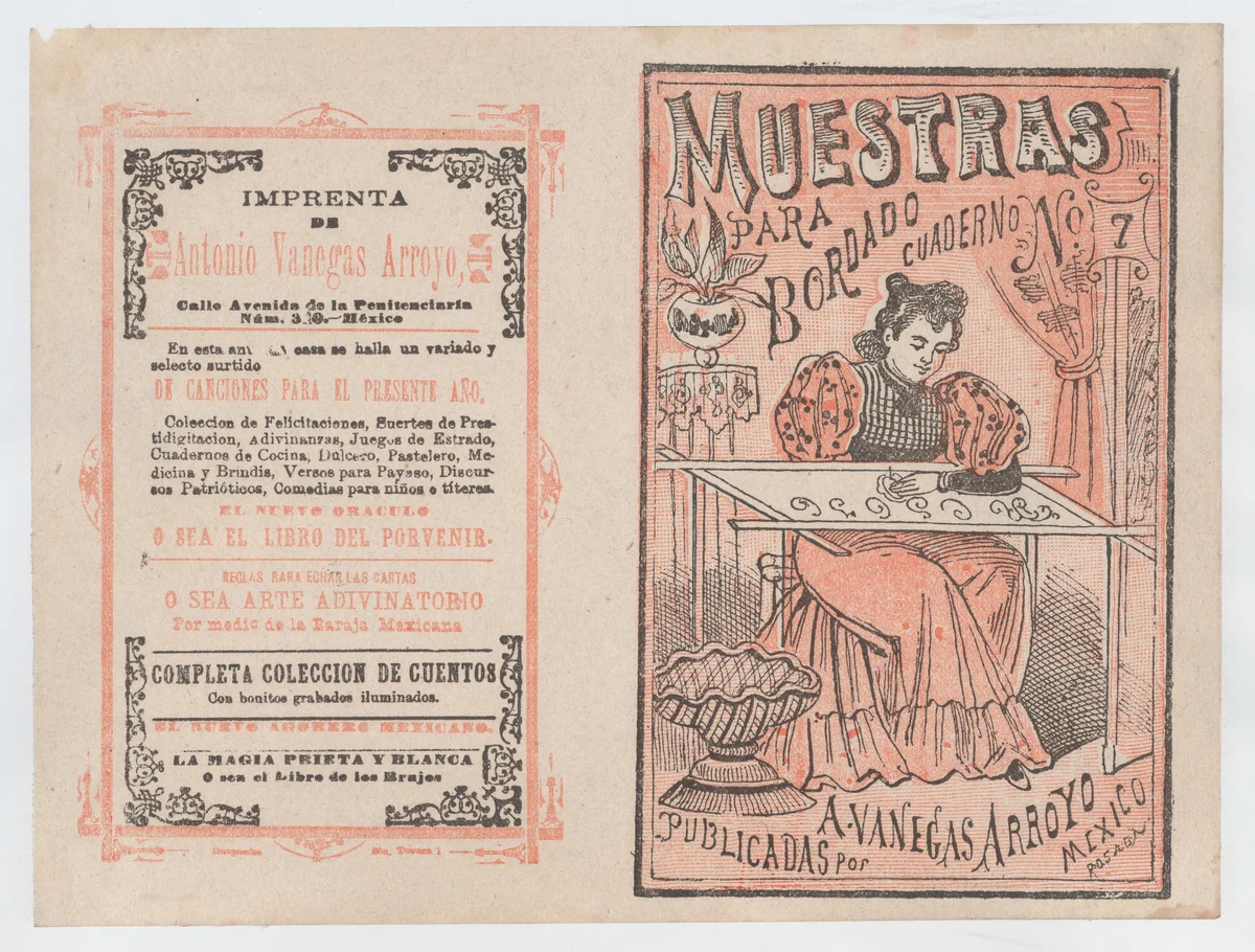 Cover for 'Muestras para Bordado', a woman embroidering by José Guadalupe Posada, print, 1885-1915