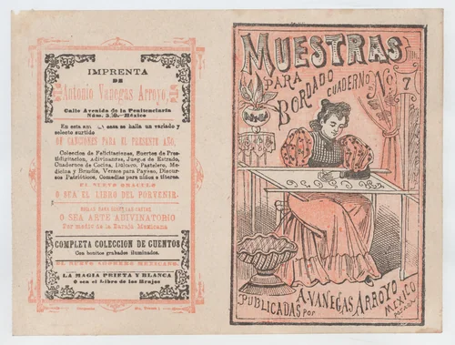 Cover for 'Muestras para Bordado', a woman embroidering by José Guadalupe Posada, print, 1885-1915