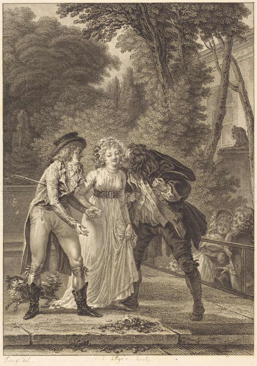 Le baiser rendu: Le baiser rendu by Charles Louis Lingée; Jacques Louis François Touzé, print, 1748-1819