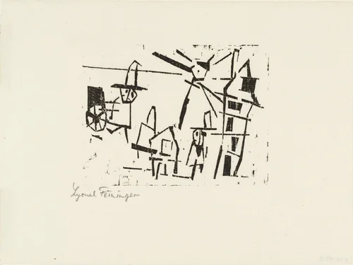 Men, Houses, Lantern, and Pushcart (Männer, Häuser, Laterne und Schiebkarren) from Ten Woodcuts by Lyonel Feininger by Lyonel Feininger, print, 1918
