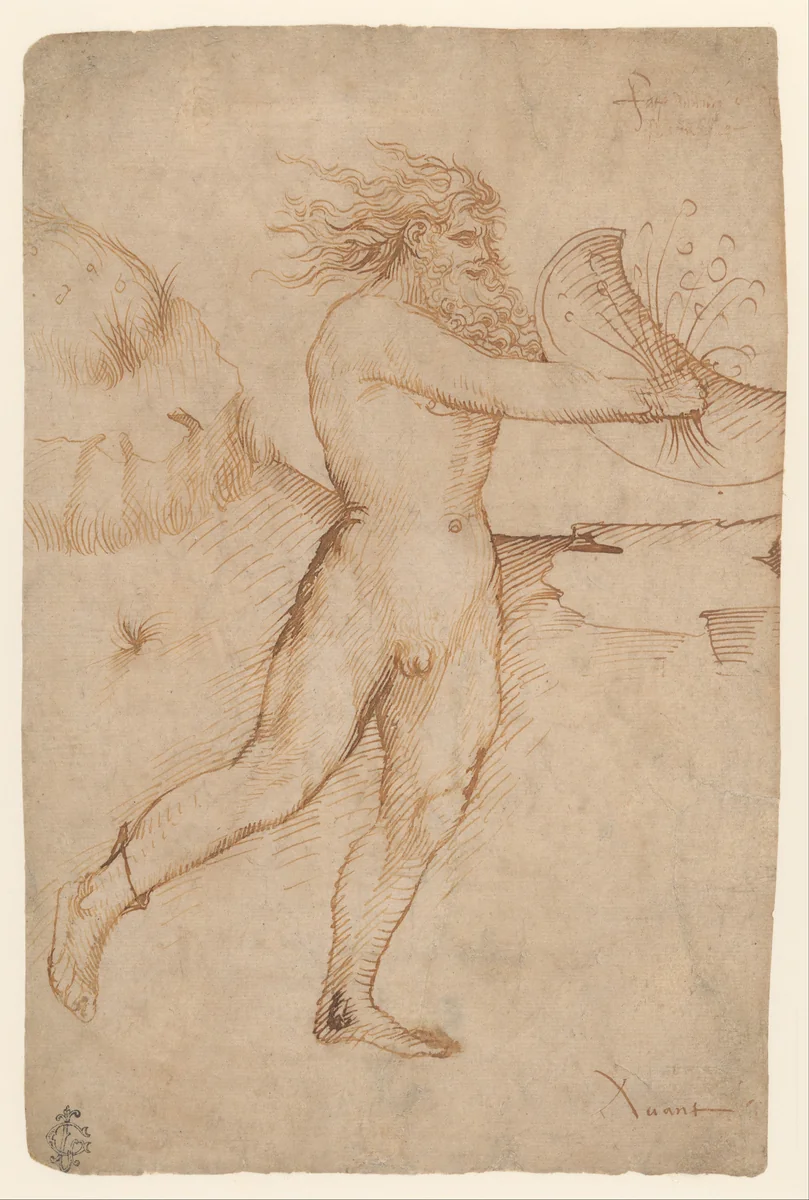 Bearded Nude Male Figure Running Toward the Right by Stefano da Verona, drawing, 1436-1470