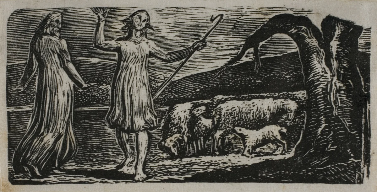 Colinet Departs in Sorrow: Riven Trunk at Right, from The Pastorals of Virgil by William Blake, print, 1821