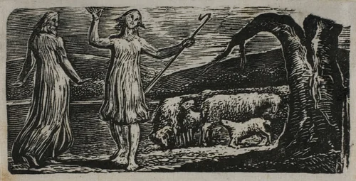 Colinet Departs in Sorrow: Riven Trunk at Right, from The Pastorals of Virgil by William Blake, print, 1821