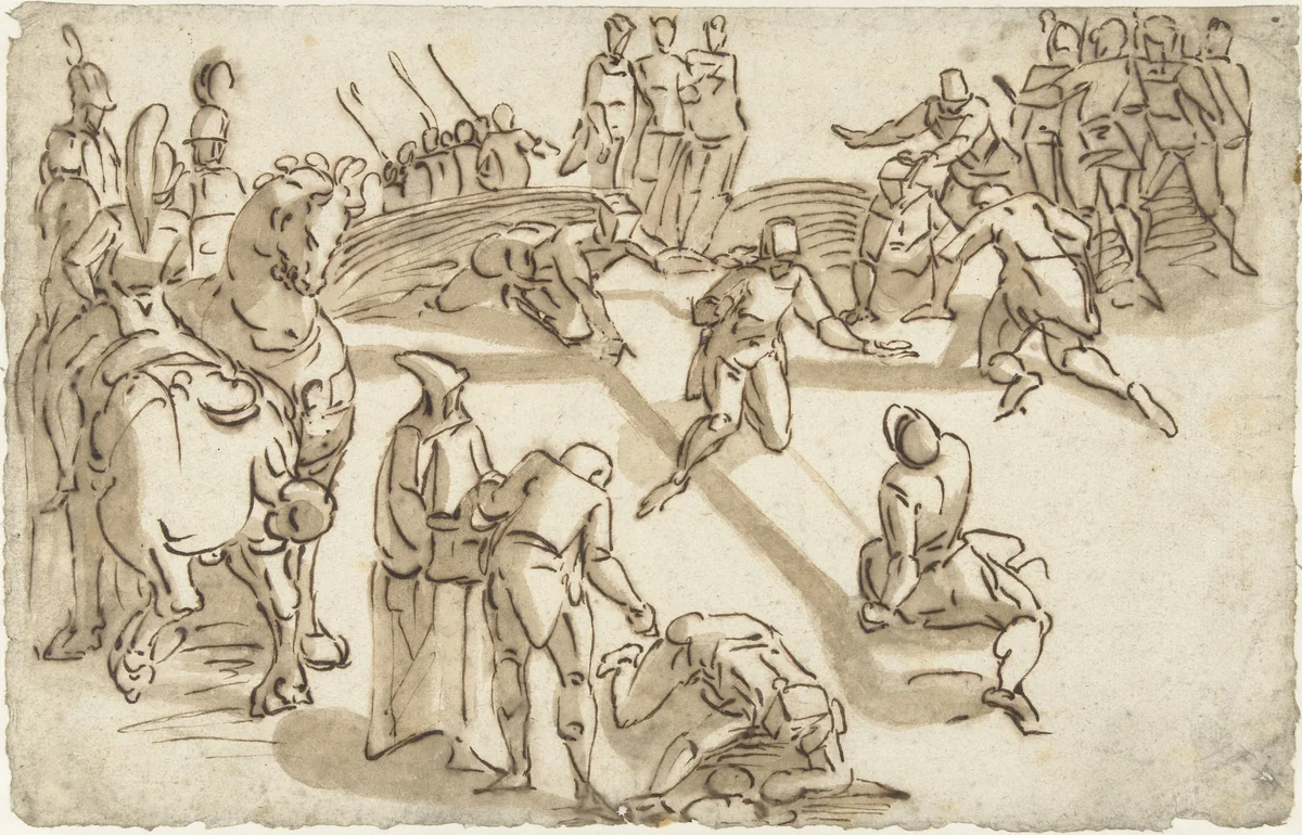 Oprichting van het kruis by Unknown, drawing, 1540-1585