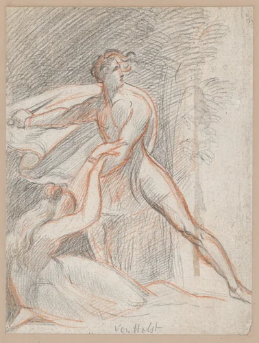 Man holding a dagger next to a reclining woman by Theodor Holst, drawing, 1830-1844