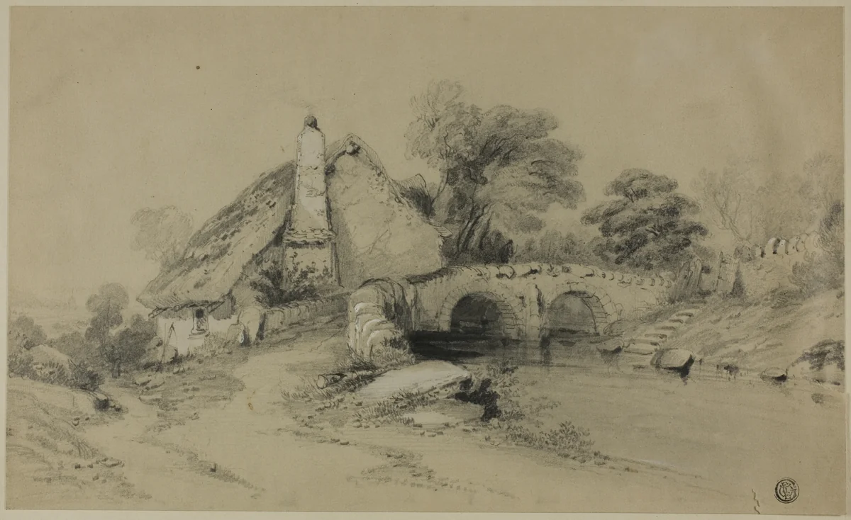 Farm with Thatched Roof Near Stone Bridge by Unknown Artist, drawing, 1800-1899
