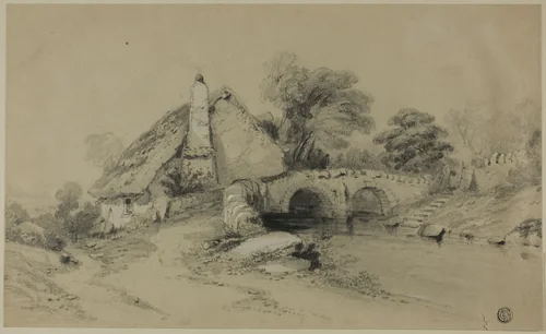 Farm with Thatched Roof Near Stone Bridge by Unknown Artist, drawing, 1800-1899