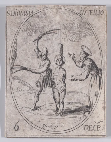 Ste. Denise et Son Fils (St. Dionysia and Her Son), December 6th, from "Les Images De Tous Les Saincts et Saintes de L'Année" (Images of All of the Saints and Religious Events of the Year) by Jacques Callot, print, 1636