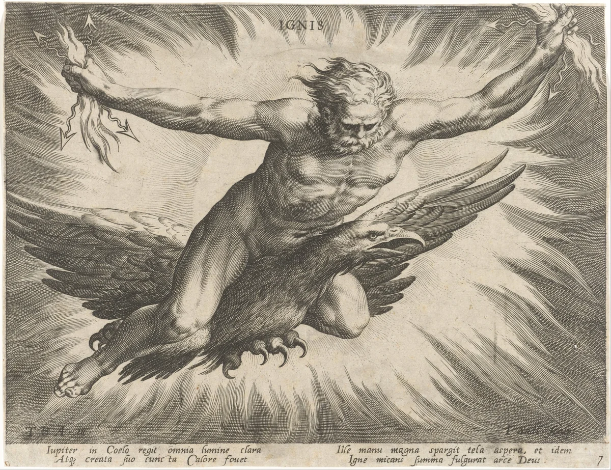 Vuur gepersonifieerd door de god Jupiter by Unknown, print, 1587