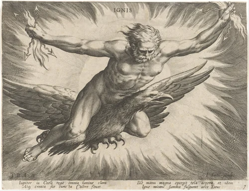 Vuur gepersonifieerd door de god Jupiter by Unknown, print, 1587