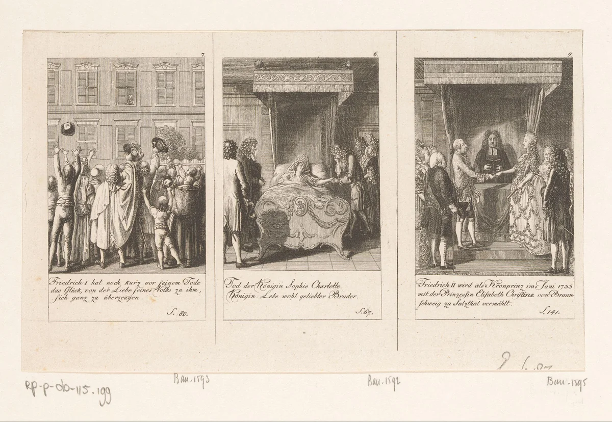 Drie voorstellingen uit de Brandenburgse geschiedenis by Daniel Nikolaus Chodowiecki, print, 1792