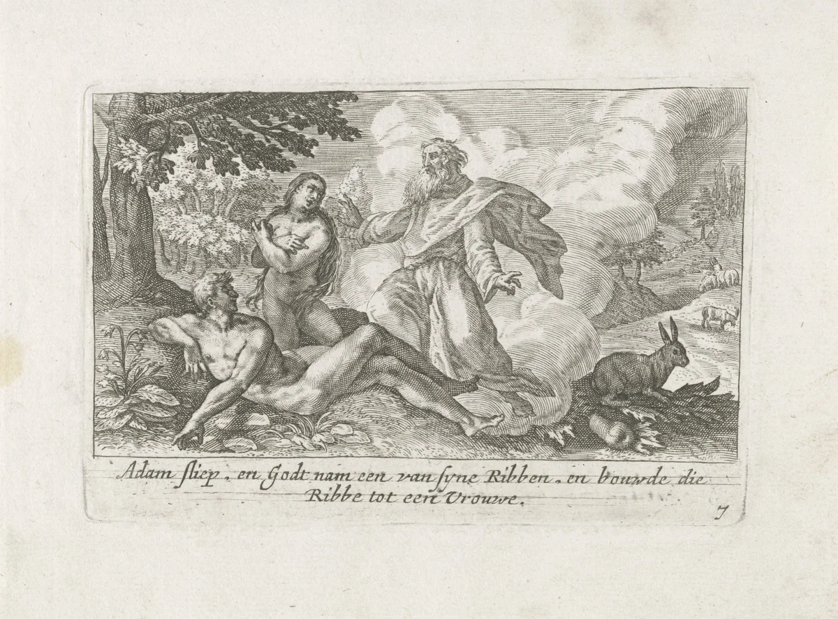 De schepping van Eva by Crispijn van de Passe, print, 1700-1750