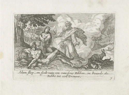 De schepping van Eva by Crispijn van de Passe, print, 1700-1750