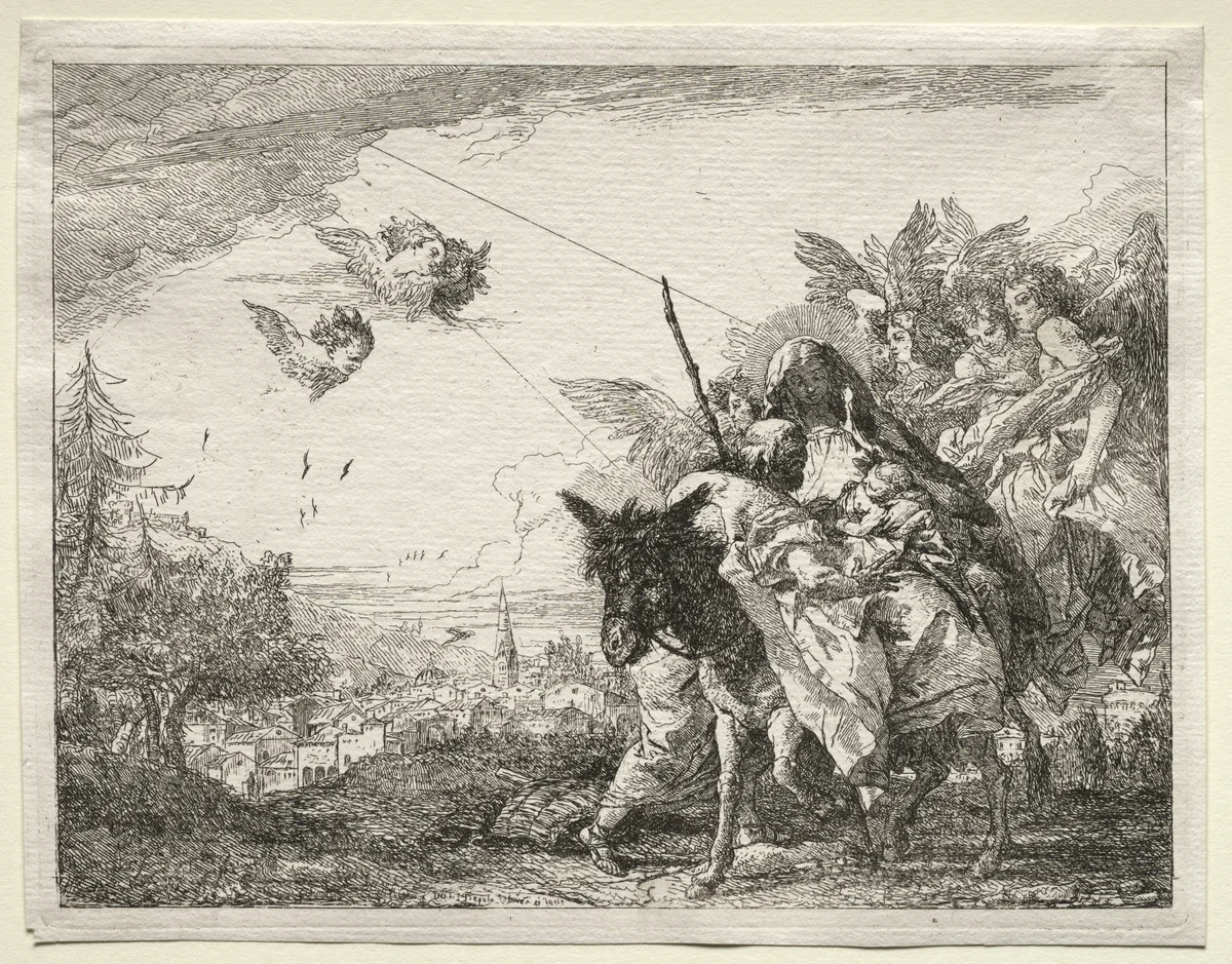 Flight into Egypt: Joseph Pausing to Gaze at the Infant Christ by Giovanni Domenico Tiepolo, print, 1745-1758