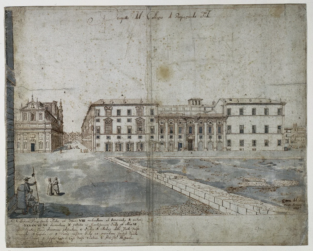 Eighteen Views of Rome: The Collegio di Propaganda Fide (recto) by Lievin Cruyl, drawing, 1665