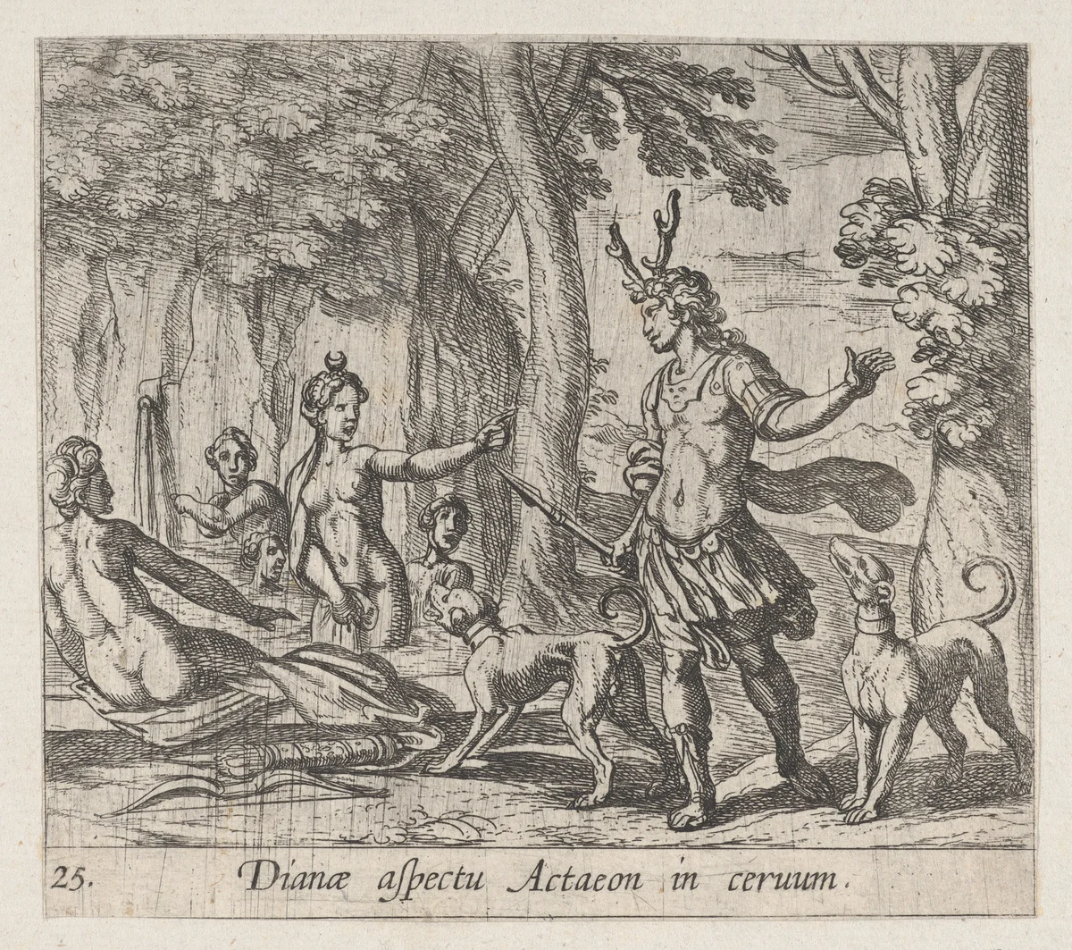 Plate 25: Acteon Changed into a Stag (Dianae aspectu Actaeon in ceruum), from Ovid's 'Metamorphoses' by Antonio Tempesta, print, 1606