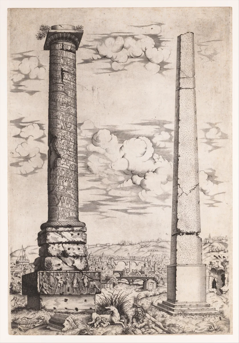 Column of Antoninus and a Roman Obelisk by Enea Vico, print, 1538-1549