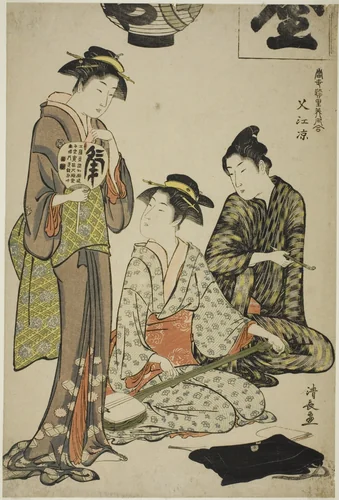 Cooling off at Nakasu (Nakasu no suzumi), from the series "A Collection of Contemporary Beauties of the Pleasure Quarters (Tosei yuri bijin awase)" by Torii Kiyonaga (鳥居清長), print, 1778-1788