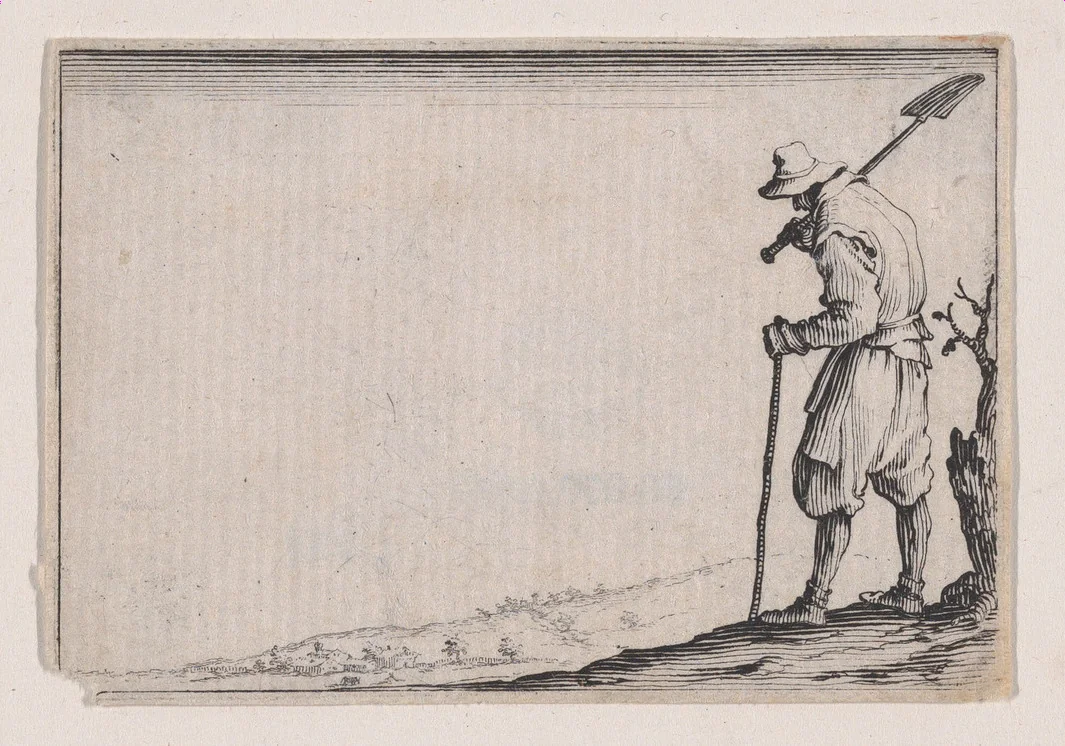 Le Paysan Portant sa Pelle sur L'Épaule (The Peasant Carrying his Shovel on his Shoulder), from Les Caprices Series A, The Florence Set by Jacques Callot, print, 1617