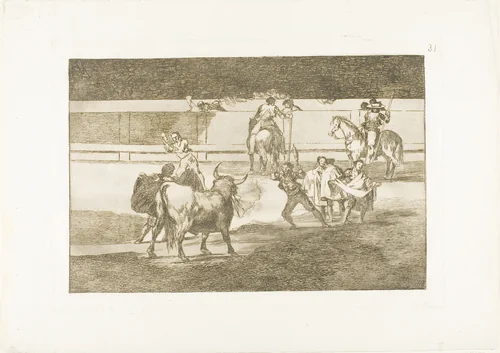 Banderillas with firecrackers, plate 31 from The Art of Bullfighting by Francisco José de Goya, print, 1814-1816
