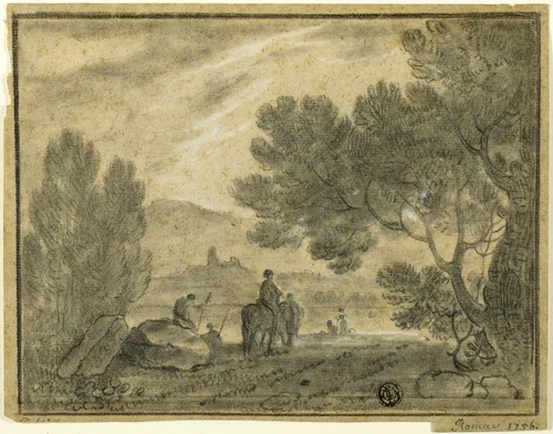 Roman Campagna with Figures by Richard Wilson, drawing, 1756