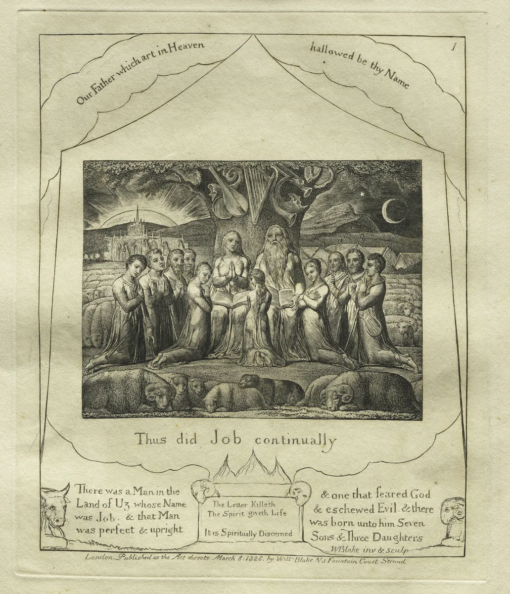 The Book of Job: Pl. 1, Thus did Job continually by William Blake, print, 1825