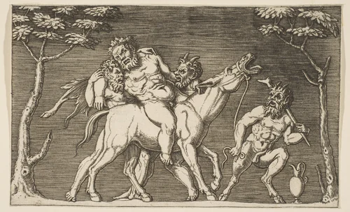 Two satyrs placing Silenus on a braying mule and a third satyr at right by Marco Dente, print, 1510-1532