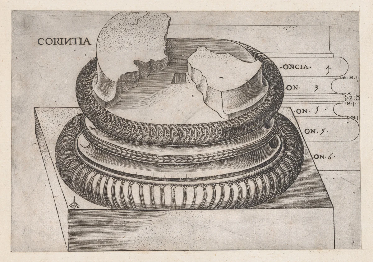 Corinthian base from the Temple of Mars Ultor, Rome, from "Speculum Romanae Magnificentiae" by Monogrammist G.A. with the Caltrop, print, 1534-1540
