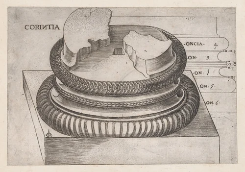 Corinthian base from the Temple of Mars Ultor, Rome, from "Speculum Romanae Magnificentiae" by Monogrammist G.A. with the Caltrop, print, 1534-1540
