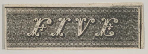 Banknote motif: the word FIVE against a rectangle of ornamental lathe work resembling wavy woven bands by Cyrus Durand, print, 1819-1847