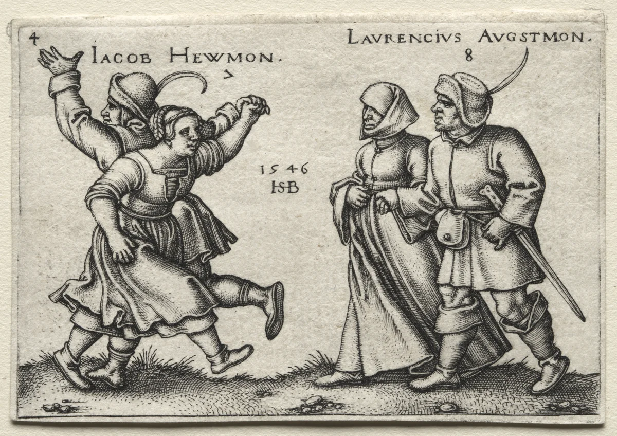 The Village Wedding: Jacob Hewmon / Lawrencius Augstmon by Hans Sebald Beham, print, 1546