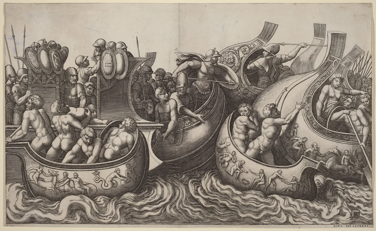 Naval Battle by Giulio Romano, print, 1452-1592