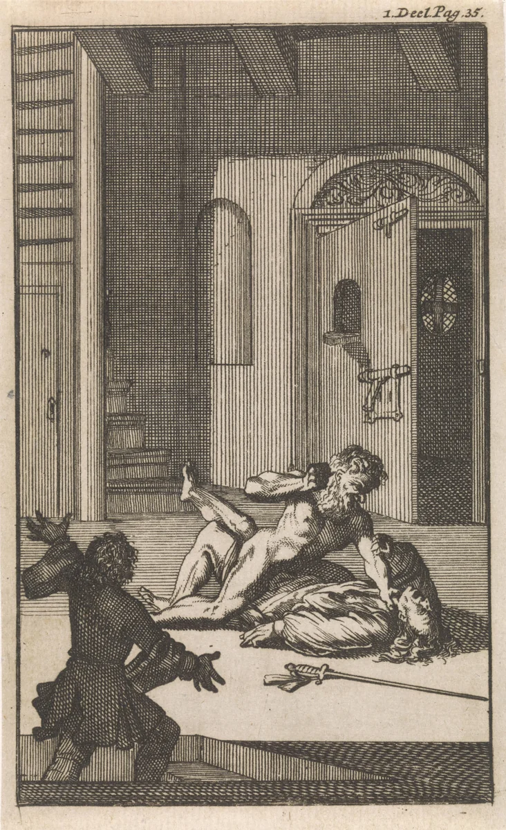 Don Clarazel te Marseille aangevallen door de krankzinnige broer van de waard by Caspar Luyken, print, 1697